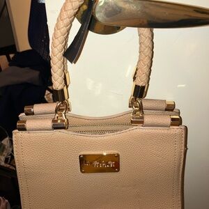bebe Cream Satchel with Gold Accents and Braided Handles